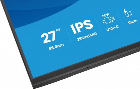 IIYAMA Monitor 27 cali XB2797QSN-B1 IPS/3.7 megapixel QHD, HAS150/ 350cd/1ms/HDMI/Displayport, USBC DOCK 65W, 4USB HUB, RJ45