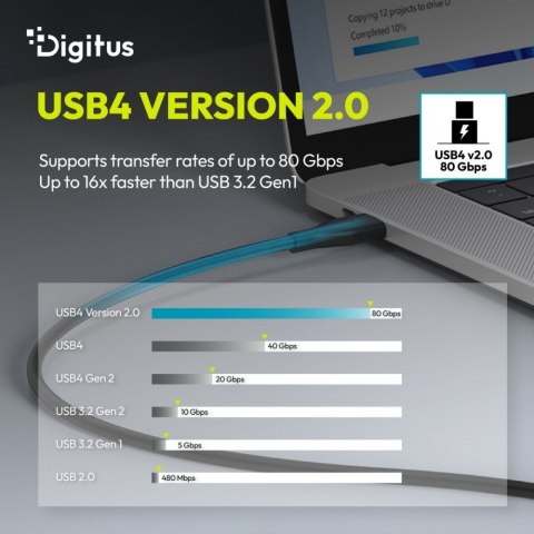 Digitus Kabel połączeniowy silikonowy USB-C-USB-C | USB 4 ver.2.0 80Gbps | 8K@60Hz | PD 3.1 240W| 0,5m | czarny
