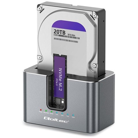 Qoltec Stacja dokująca 2w1 HDD SSD | SATA | M.2 NVMe | Klonowanie | USB-C | 10Gb/s | 28TB