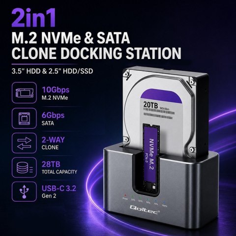 Qoltec Stacja dokująca 2w1 HDD SSD | SATA | M.2 NVMe | Klonowanie | USB-C | 10Gb/s | 28TB