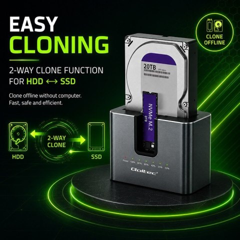 Qoltec Stacja dokująca 2w1 HDD SSD | SATA | M.2 NVMe | Klonowanie | USB-C | 10Gb/s | 28TB