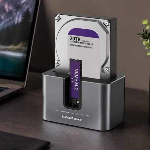 Qoltec Stacja dokująca 2w1 HDD SSD | SATA | M.2 NVMe | Klonowanie | USB-C | 10Gb/s | 28TB