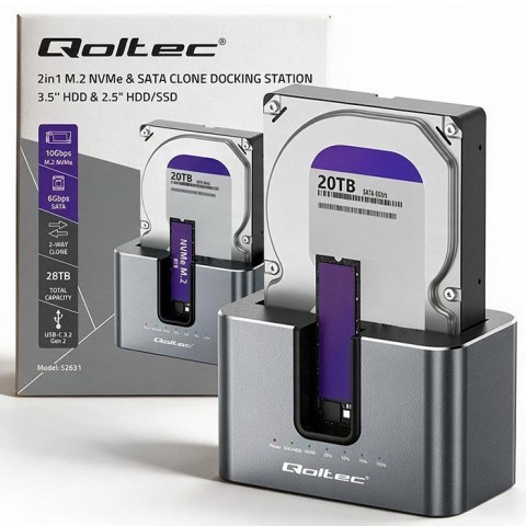 Qoltec Stacja dokująca 2w1 HDD SSD | SATA | M.2 NVMe | Klonowanie | USB-C | 10Gb/s | 28TB