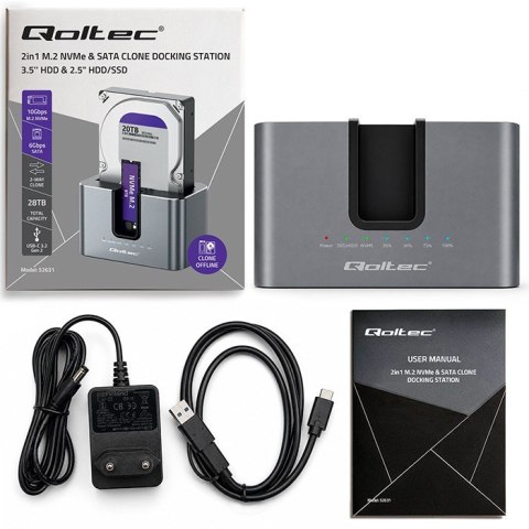 Qoltec Stacja dokująca 2w1 HDD SSD | SATA | M.2 NVMe | Klonowanie | USB-C | 10Gb/s | 28TB