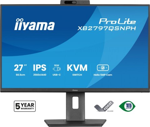 IIYAMA Monitor 27 cali Prolite XB2797QSNPH-B1,IPS,QHD,CAM,MIC,HDMI, DP, 4xUSB,75Hz, USB-C DOCK 96W, RJ45,KVM, 2x2W, 5MP WINDOWS HELLO,