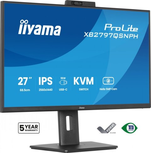IIYAMA Monitor 27 cali Prolite XB2797QSNPH-B1,IPS,QHD,CAM,MIC,HDMI, DP, 4xUSB,75Hz, USB-C DOCK 96W, RJ45,KVM, 2x2W, 5MP WINDOWS HELLO,