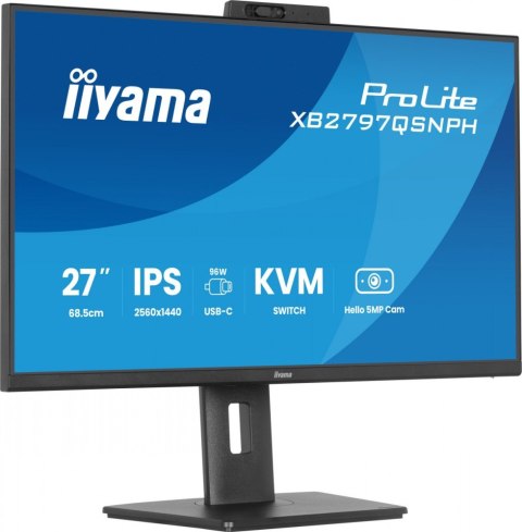 IIYAMA Monitor 27 cali Prolite XB2797QSNPH-B1,IPS,QHD,CAM,MIC,HDMI, DP, 4xUSB,75Hz, USB-C DOCK 96W, RJ45,KVM, 2x2W, 5MP WINDOWS HELLO,