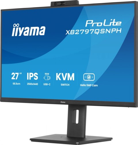 IIYAMA Monitor 27 cali Prolite XB2797QSNPH-B1,IPS,QHD,CAM,MIC,HDMI, DP, 4xUSB,75Hz, USB-C DOCK 96W, RJ45,KVM, 2x2W, 5MP WINDOWS HELLO,