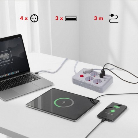 Maclean Listwa zasilająca MCE393 W 4 gniazdka, 3xUSB, 110-240V AC 50/60Hz. 2.1A max 2500W, 3m biała