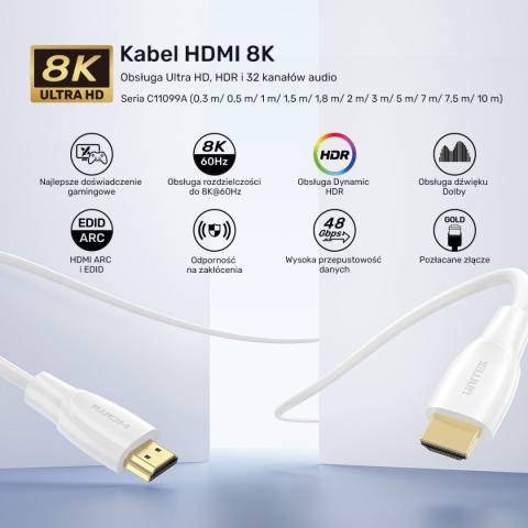 Kabel Przewód Unitek HDMI 2.1 8K HDR Transmisja Audio Wideo 3 m Biały