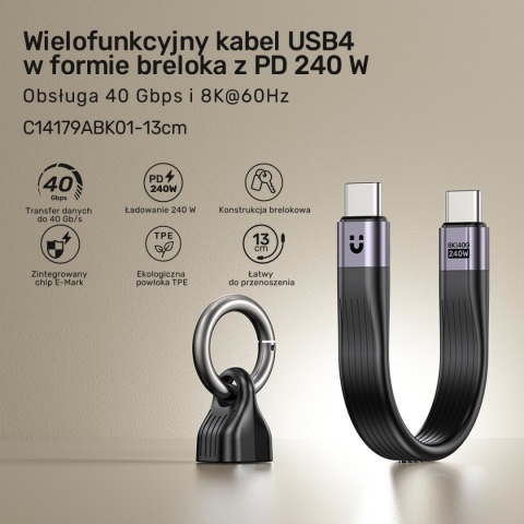 Kabel Przewód Unitek USB-C Do USB-C USB4 40 Gbps PD 240 W 8K 13 cm Czarny