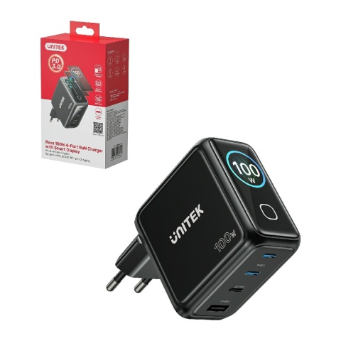 Ładowarka Unitek GaN PD 3.0 QC 4.0 100 W 3x USB-C 1x USB-A Wyświetlacz