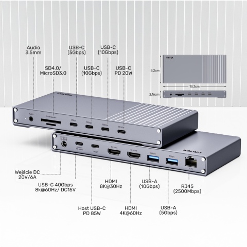 Stacja Dokująca Unitek USB4 40 Gbps HDMI 2.1 8K 120 W 6x USB-C Czytnik SD