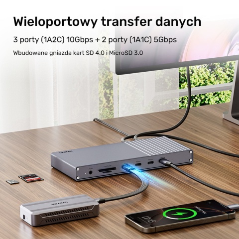 Stacja Dokująca Unitek USB4 40 Gbps HDMI 2.1 8K 120 W 6x USB-C Czytnik SD