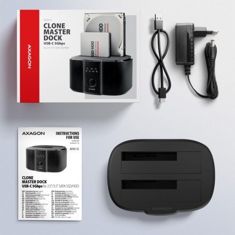 AXAGON ADSA-SC Stacja dokująca, USB 3.2 Gen 1 - 2x SATA 6G 2.5"/3.5" SSD/HDD CLONE DUAL