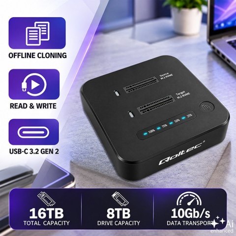 Qoltec Stacja dokująca dysków SSD M.2 NVMe | PCIe | DUAL 2x8TB | USB-C 3.2 | 10Gb/s