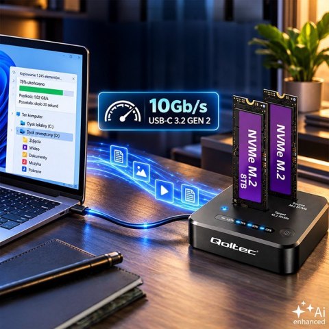 Qoltec Stacja dokująca dysków SSD M.2 NVMe | PCIe | DUAL 2x8TB | USB-C 3.2 | 10Gb/s