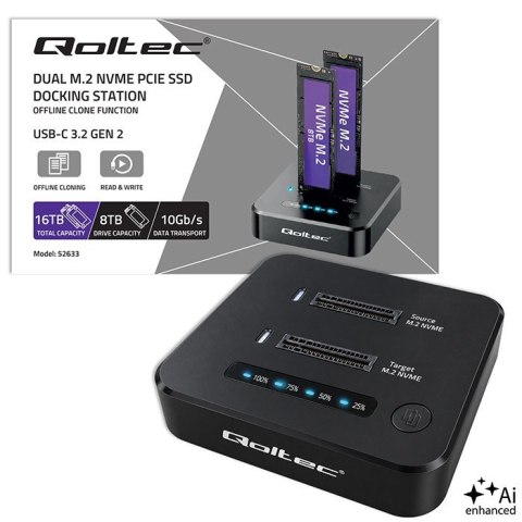 Qoltec Stacja dokująca dysków SSD M.2 NVMe | PCIe | DUAL 2x8TB | USB-C 3.2 | 10Gb/s